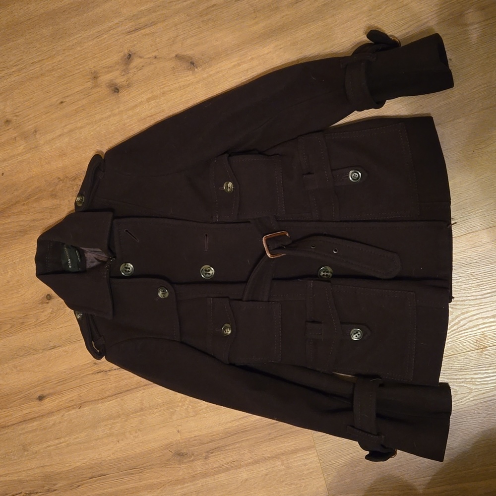 BCBGMaxAzria Wool Blend Belted Double Breasted Peacoat Brown Size Medium * FLAW